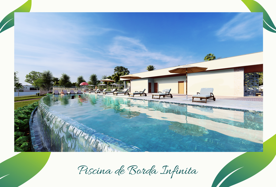 Perspectiva da piscina de borda infinita do Aldeia do Lago