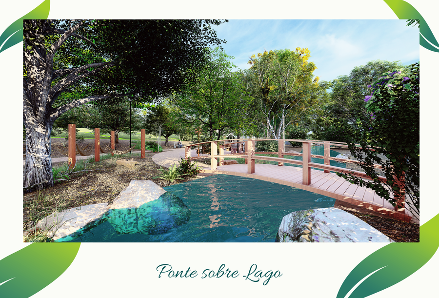 Perspectiva da ponte sobre o lago no condomínio Aldeia do Lago